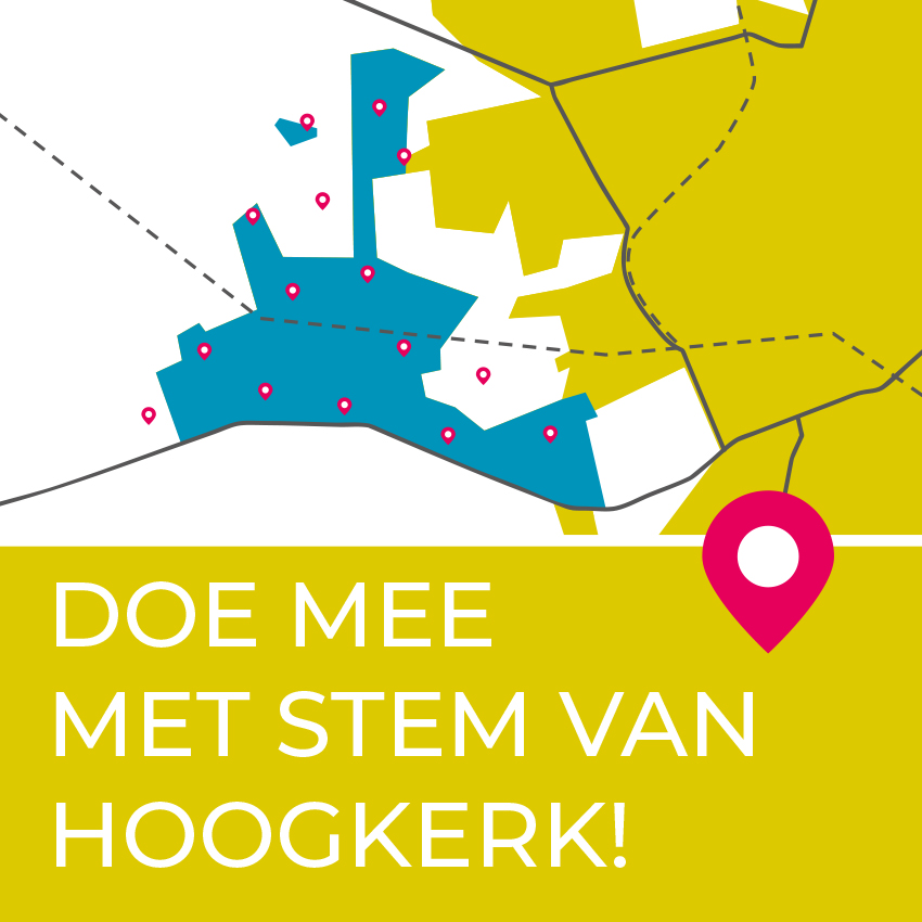 Getekende wijk Hoogkerk met locatie-pins en 'doe mee met stem van hoogkerk'